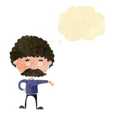 cartoon man with mustache making camp gesture thought bubbl N2