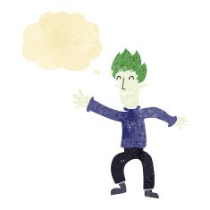 cartoon happy vampire man with thought bubble N5