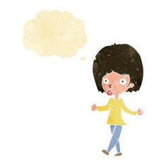 cartoon confused woman with thought bubble N6