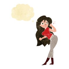cartoon woman raising fist with thought bubble