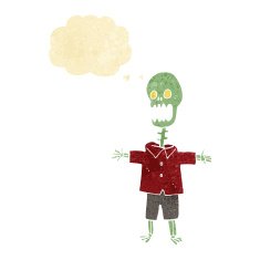cartoon skeleton with thought bubble
