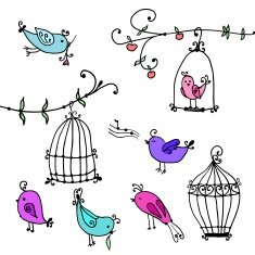 set of cute birds and branches trees