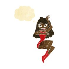 cartoon woman in lingerie with thought bubble
