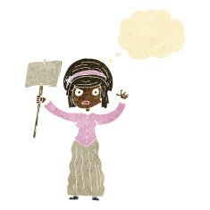 cartoon Victorian woman protesting with thought bubble