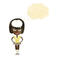 cartoon woman thinking with thought bubble