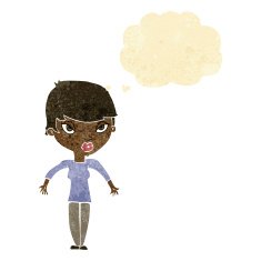 cartoon woman shrugging shoulders with thought bubble N41