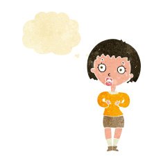 cartoon woman making Who Me? gesture with thought bubble N7
