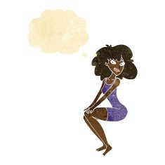cartoon sitting woman in dress with thought bubble N2