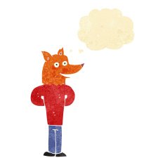 cartoon fox man with thought bubble