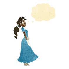 cartoon pretty woman in dress with thought bubble N2