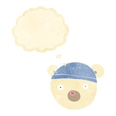 cartoon polar bear cub wearing hat with thought bubble