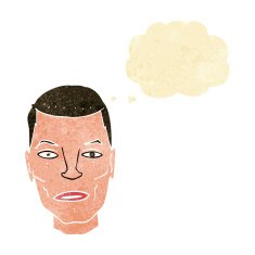 cartoon serious male face with thought bubble