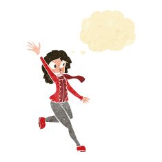 cartoon woman waving dressed for winter with thought bubble