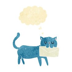 cartoon cat carrying letter with thought bubble N2