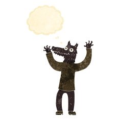 cartoon wolf man with thought bubble N2