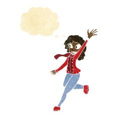 cartoon woman waving dressed for winter with thought bubble N2