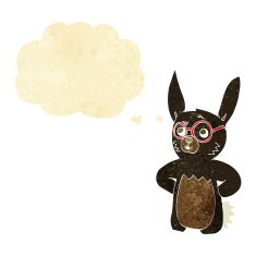 cartoon rabbit wearing spectacles with thought bubble N2