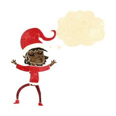santa's helper cartoon with thought bubble