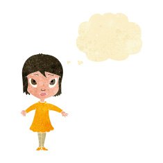 cartoon girl in dress with thought bubble N2