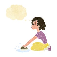cartoon woman scrubbing floor with thought bubble