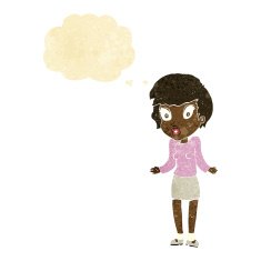 cartoon woman shrugging shoulders with thought bubble N43
