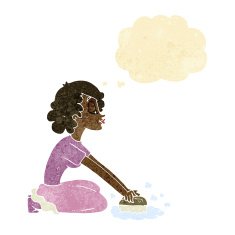 cartoon woman scrubbing floor with thought bubble N2