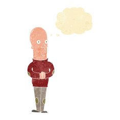 cartoon funny bald man with thought bubble