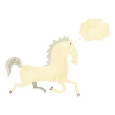 cartoon running white stallion with thought bubble