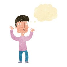 cartoon anxious man with thought bubble