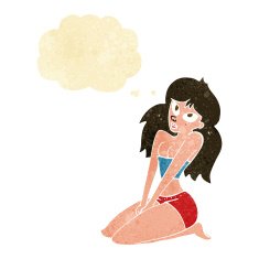 cartoon woman in skimpy clothing with thought bubble