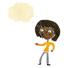 cartoon woman laughing and pointing with thought bubble