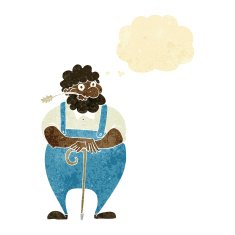 cartoon farmer leaning on walking stick with thought bubble