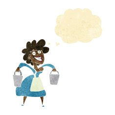 cartoon milkmaid carrying buckets with thought bubble N2