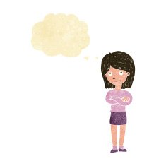 cartoon friendly girl rolling eyes with thought bubble N2