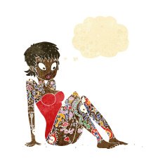 cartoon tattoo girl in swimsuit with thought bubble