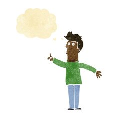 cartoon man advising caution with thought bubble