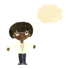 cartoon smug boy with thought bubble