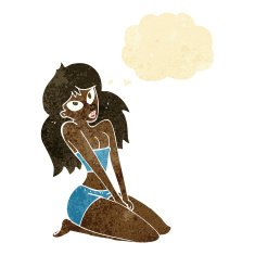 cartoon woman in skimpy clothing with thought bubble N2