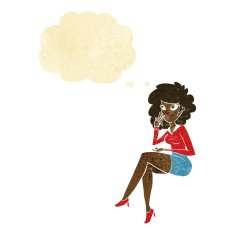 cartoon office woman sitting with thought bubble N2