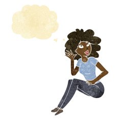 cartoon woman listening with thought bubble N2