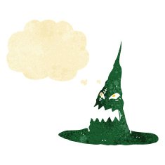 cartoon spooky witches hat with thought bubble
