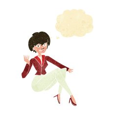 cartoon businesswoman sitting with thought bubble