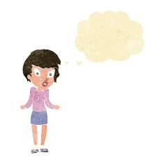 cartoon woman shrugging shoulders with thought bubble N44