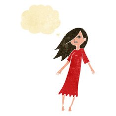cartoon ghost like girl with thought bubble