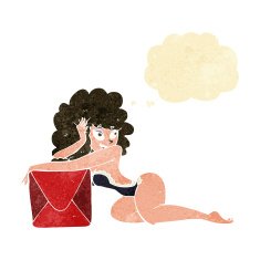 cartoon pin up woman with box thought bubble