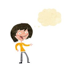 cartoon woman laughing and pointing with thought bubble N2