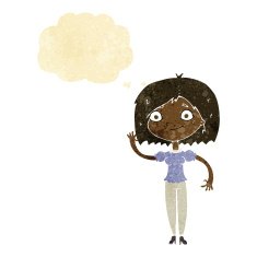 cartoon woman waving with thought bubble N49