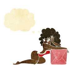 cartoon pin up woman with box thought bubble N2