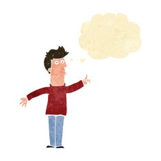 cartoon man advising caution with thought bubble N2