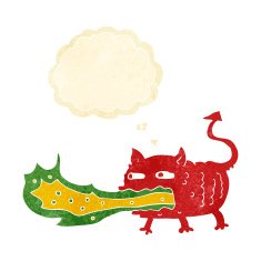 cartoon fire breathing imp with thought bubble